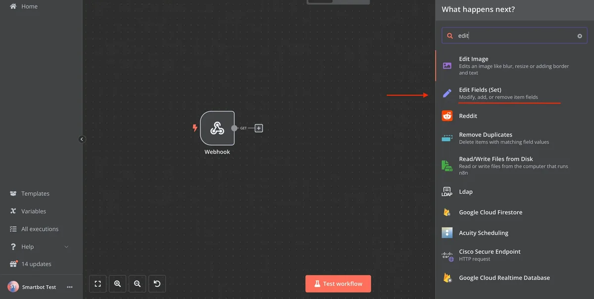 Selecting and Adding the Edit Fields (Set) Node for Data Transformation