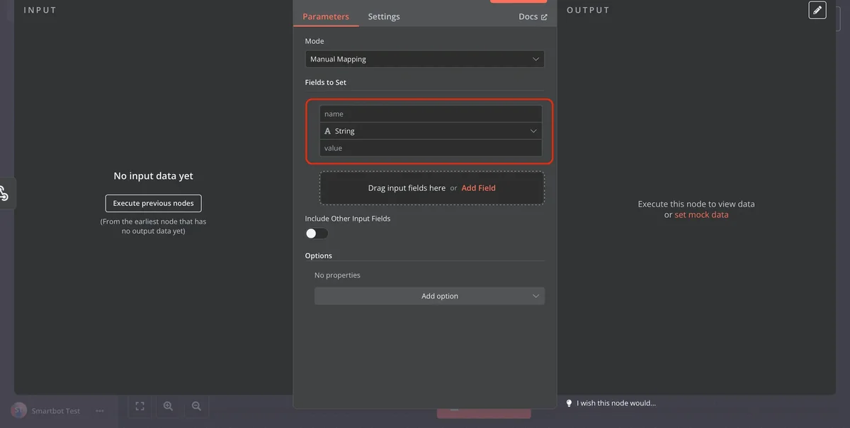 Configuring Input Fields and Assigning Values in the Set Node